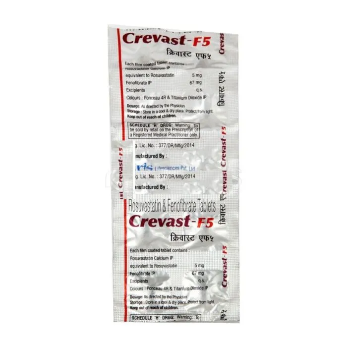 crevast-f_5_tablet_with_fenofibrate_and_rosuvastatin.webp Crevast-F 5 Tablet (Rosuvastatin/Fenofibrate) - Image 1